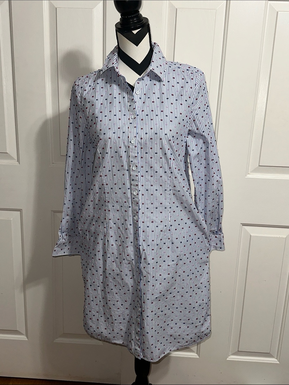 Brooks Brothers Light Blue Striped Button-Down Shirt Dress with Dot Pattern